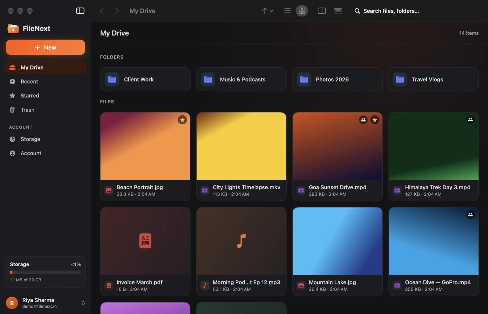 The FileNext Mac app showing a drive with folders and video covers